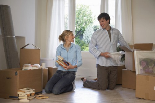 Packed office furniture and equipment ready for a business move
