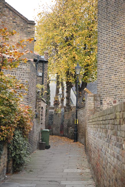 A narrow residential alleyway with a paved pathway flanked by brick walls and older brick buildings, featuring a green wheelie bin on the left side near some foliage, and a black street lamp attached to a tall pole. In the background, there is a large tree with yellow autumn leaves, suggesting the scene is in the autumn season. The alley appears to be used during home relocation or furniture transport, as part of a house removal process, with the setting emphasizing limited access suitable for specialist removal services by Man with Van Ilford, who may assist with navigating such narrow spaces during removals on Cranbrook Road, Ilford.